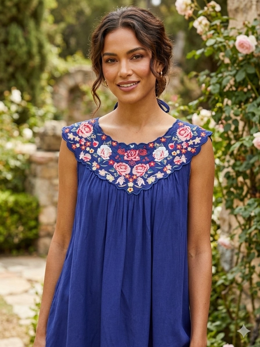 ANDREE BY UNIT Royal Blue Sleeveless Embroidered Yoke Tank